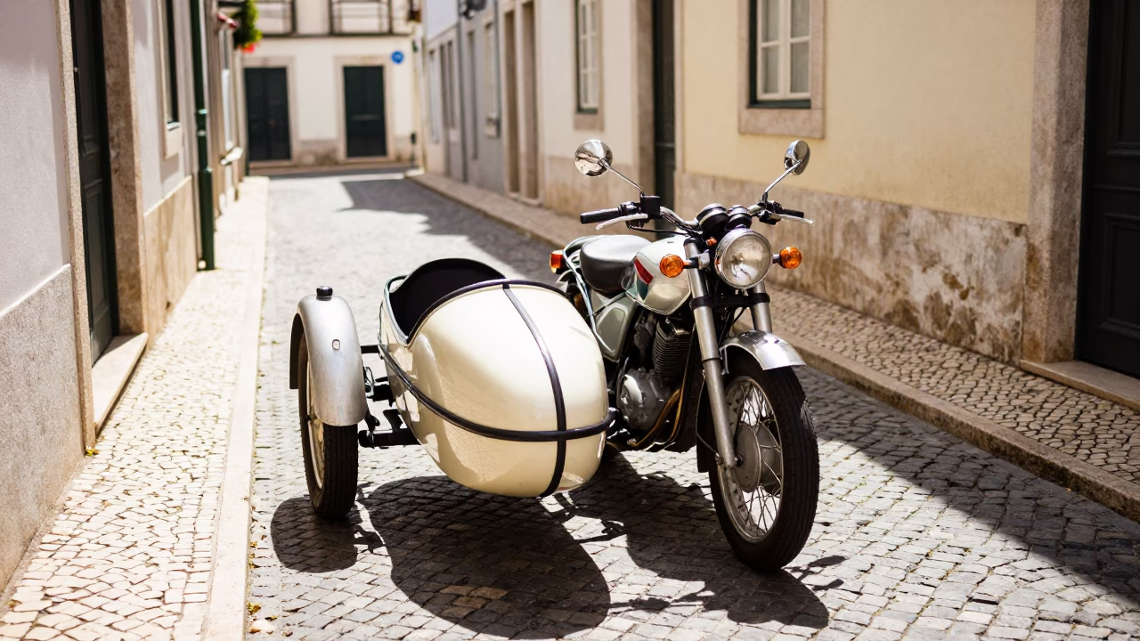 Vintage Sidecar Motorcycle Navigating Narrow Cobblestone Alley in Lisbon Portugal Midmorning in in Lisbon, Portugal