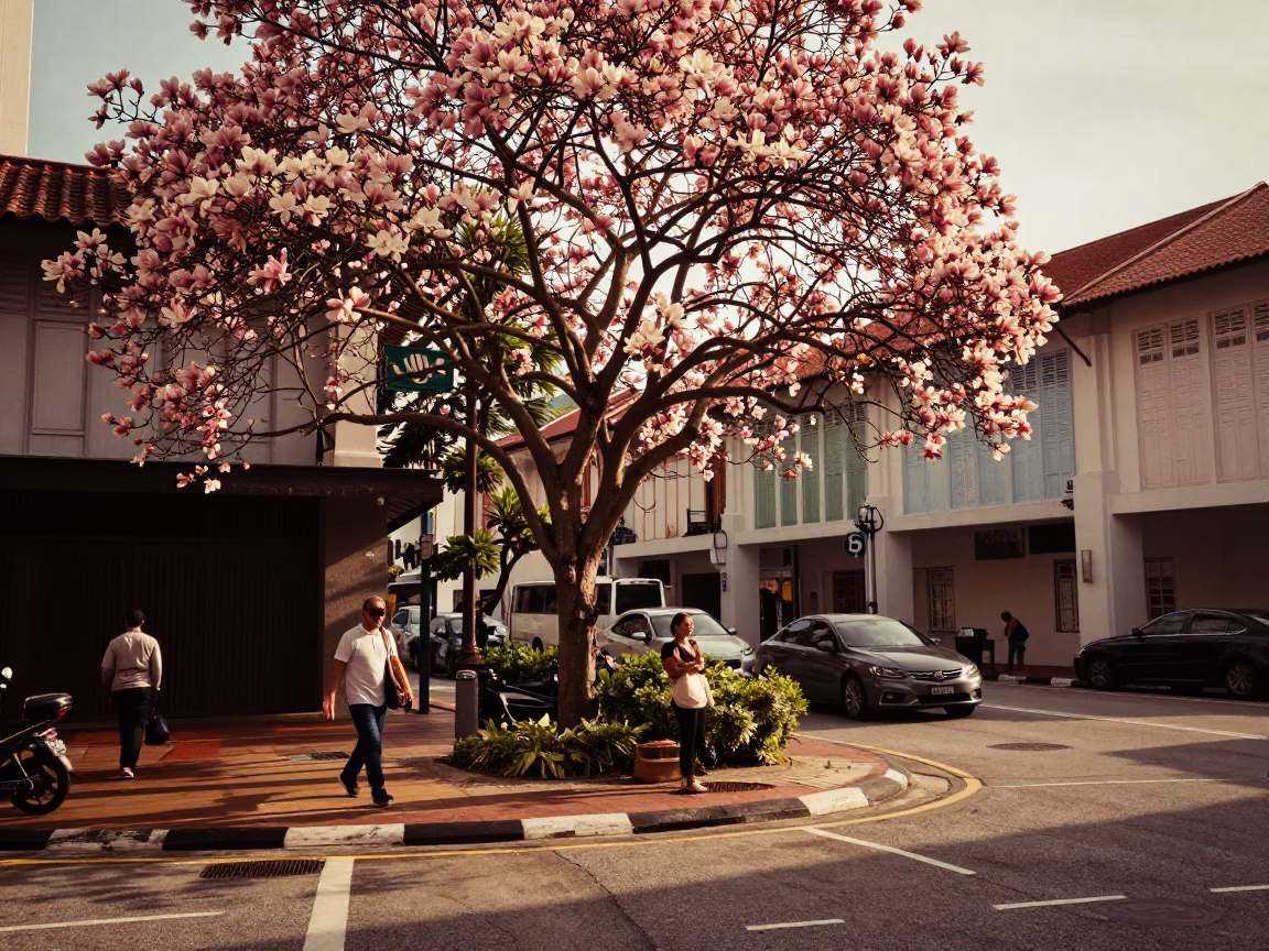 Vintage Singapore Evening Street Scene with Magnolia Tree and Local Market Activity in in Singapore, Singapore