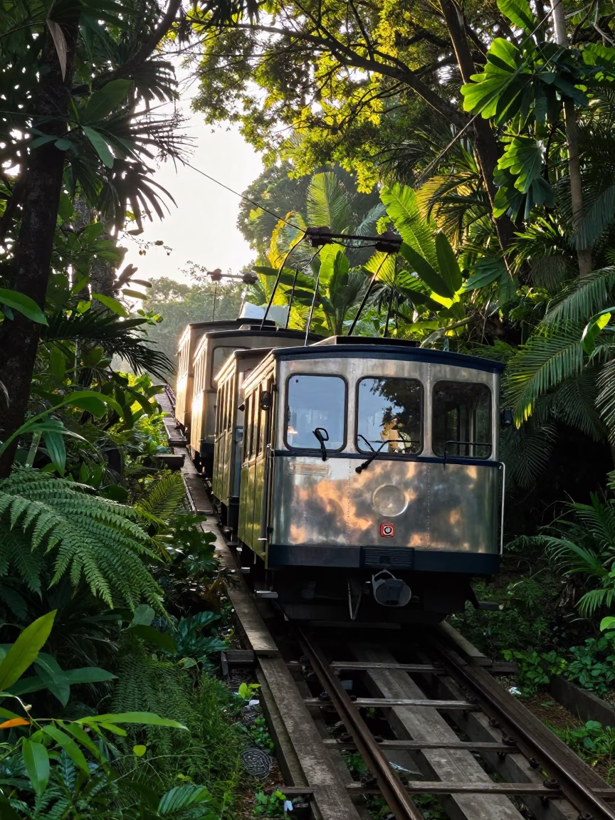 Vintage Singapore Street Scene Funicular Railway Ascent Just After Sunrise in in Singapore, Singapore