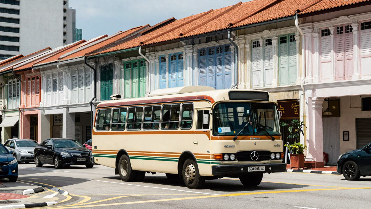 Vintage Singapore Street Scene Midday Traffic and Traditional Transport in in Singapore, Singapore
