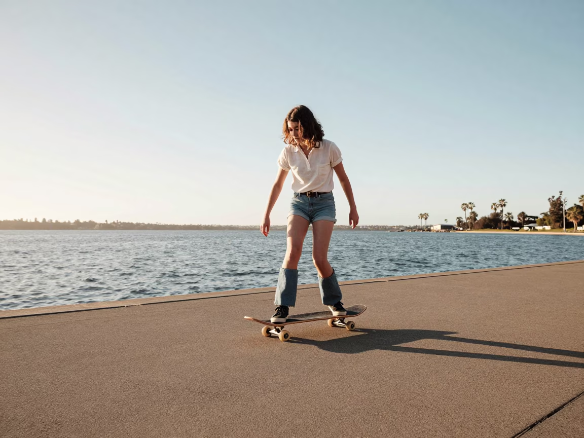 Vintage Skateboarder Riding Along Perth Waterfront Promenade in Late Afternoon Sunlight in in Perth, Western Australia, Australia
