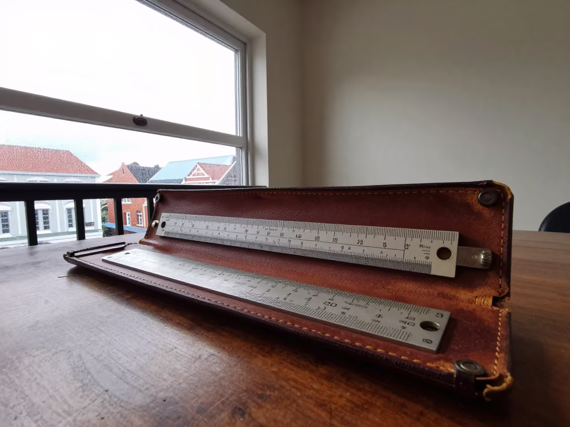 Vintage Slide Rule in Leather Case on Pier Railing in on a pier railing in Willemstad