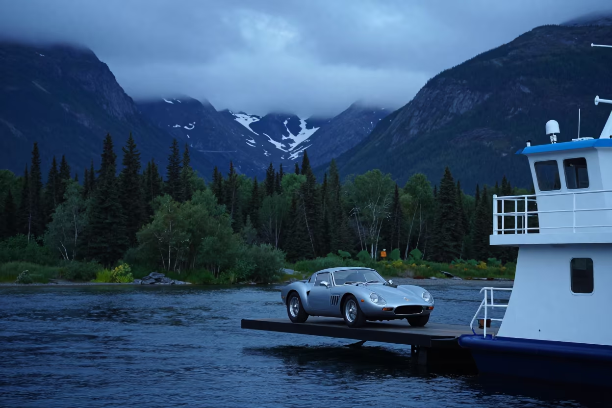 Vintage Sports Car on Alpine Ferry Road in across a remote ferry crossing in Canada
