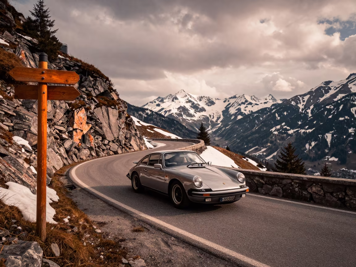Vintage Sports Car Alpine Road Before Dusk in across a remote ferry crossing near Innsbruck
