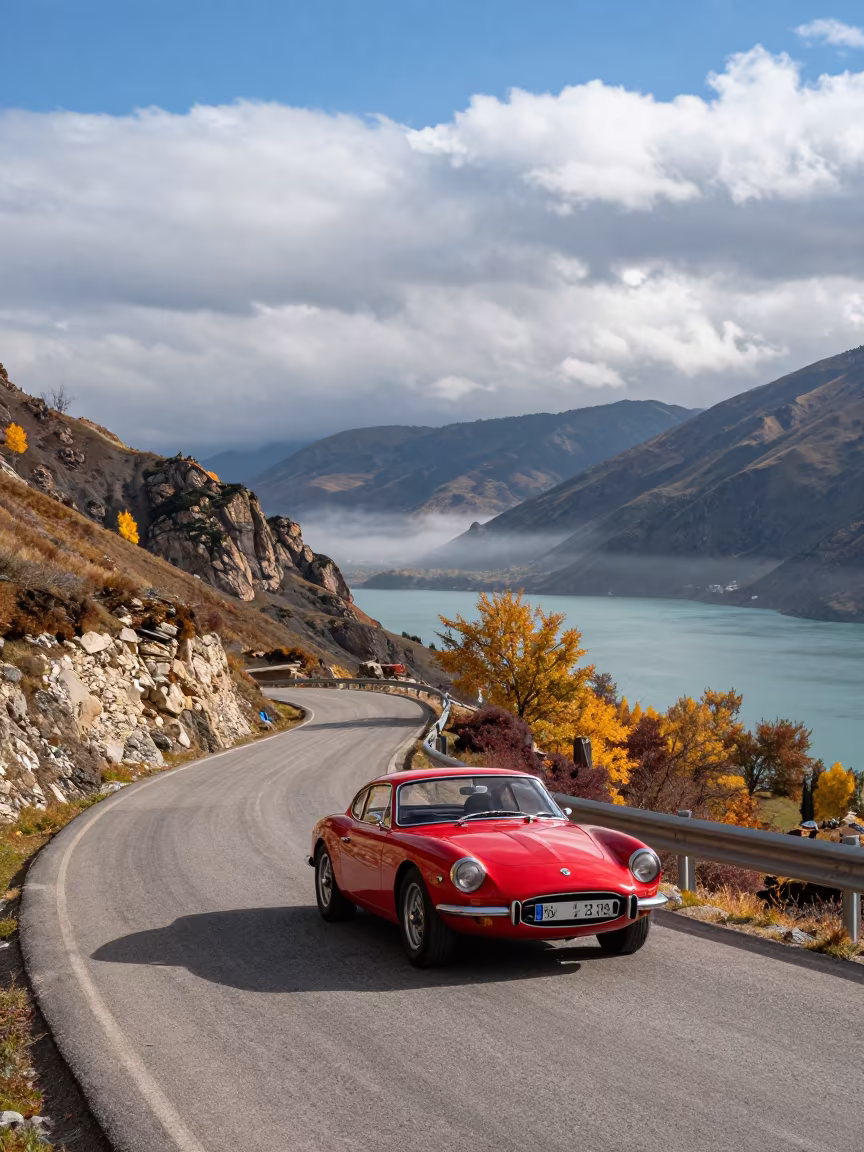 Vintage Sports Car on Alpine Road Near Bishkek in beside a fogbound harbor mouth near Bishkek