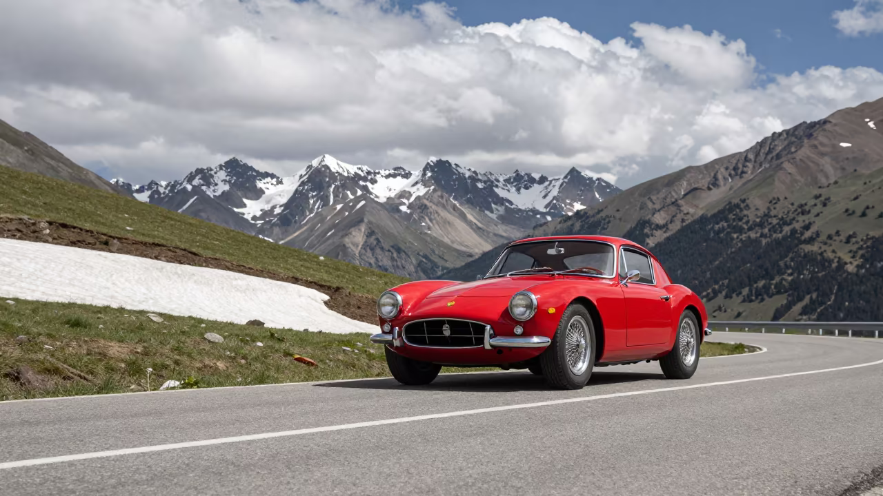 Vintage Sports Car on Alpine Road Near Bishkek in near Bishkek