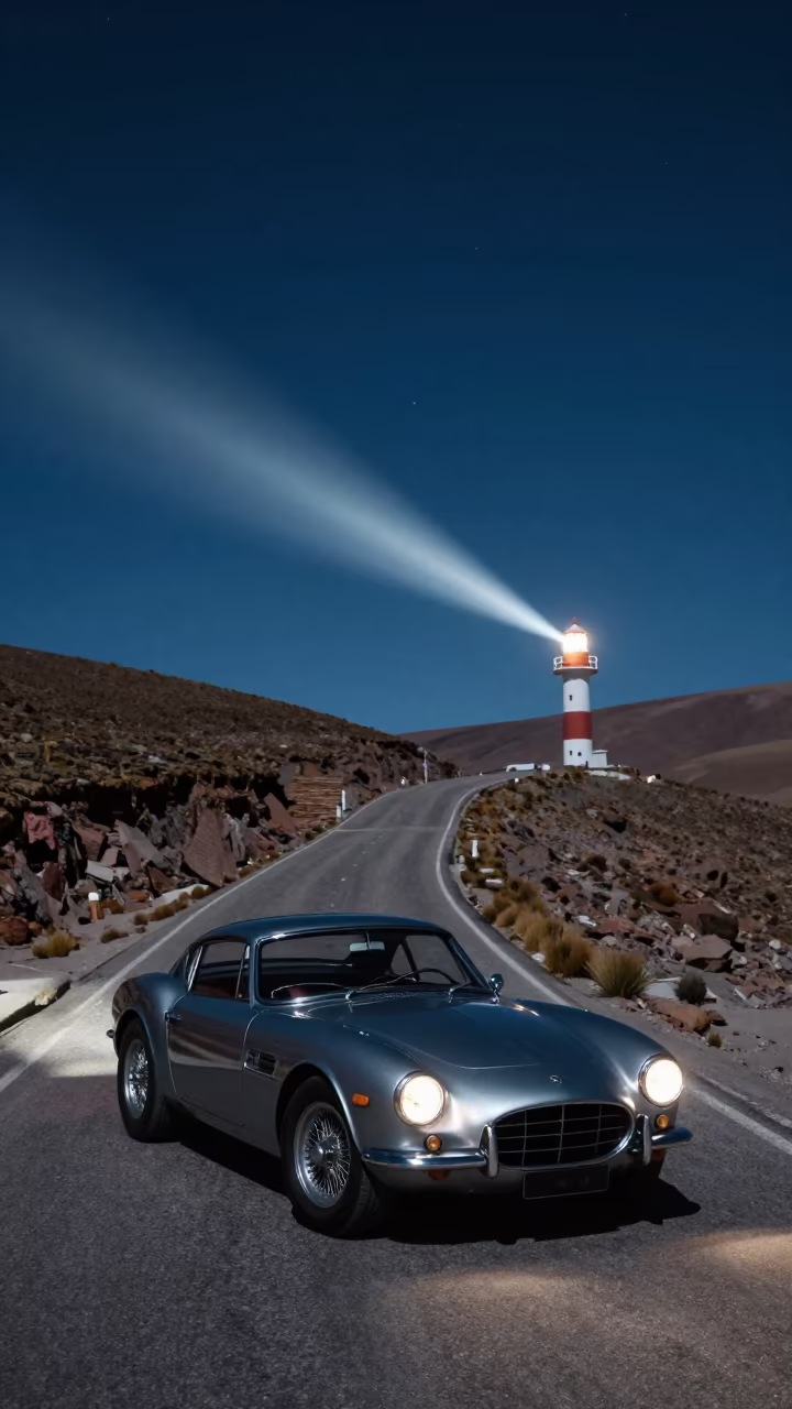 Vintage Sports Car on Alpine Road at Predawn in across a remote ferry crossing in Bolivia