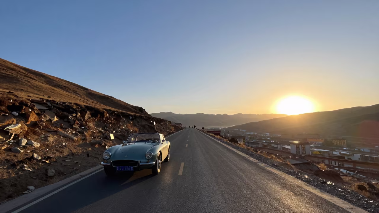 Vintage Sports Car Alpine Road Sunset Lhasa in near Jokhang Square, Lhasa