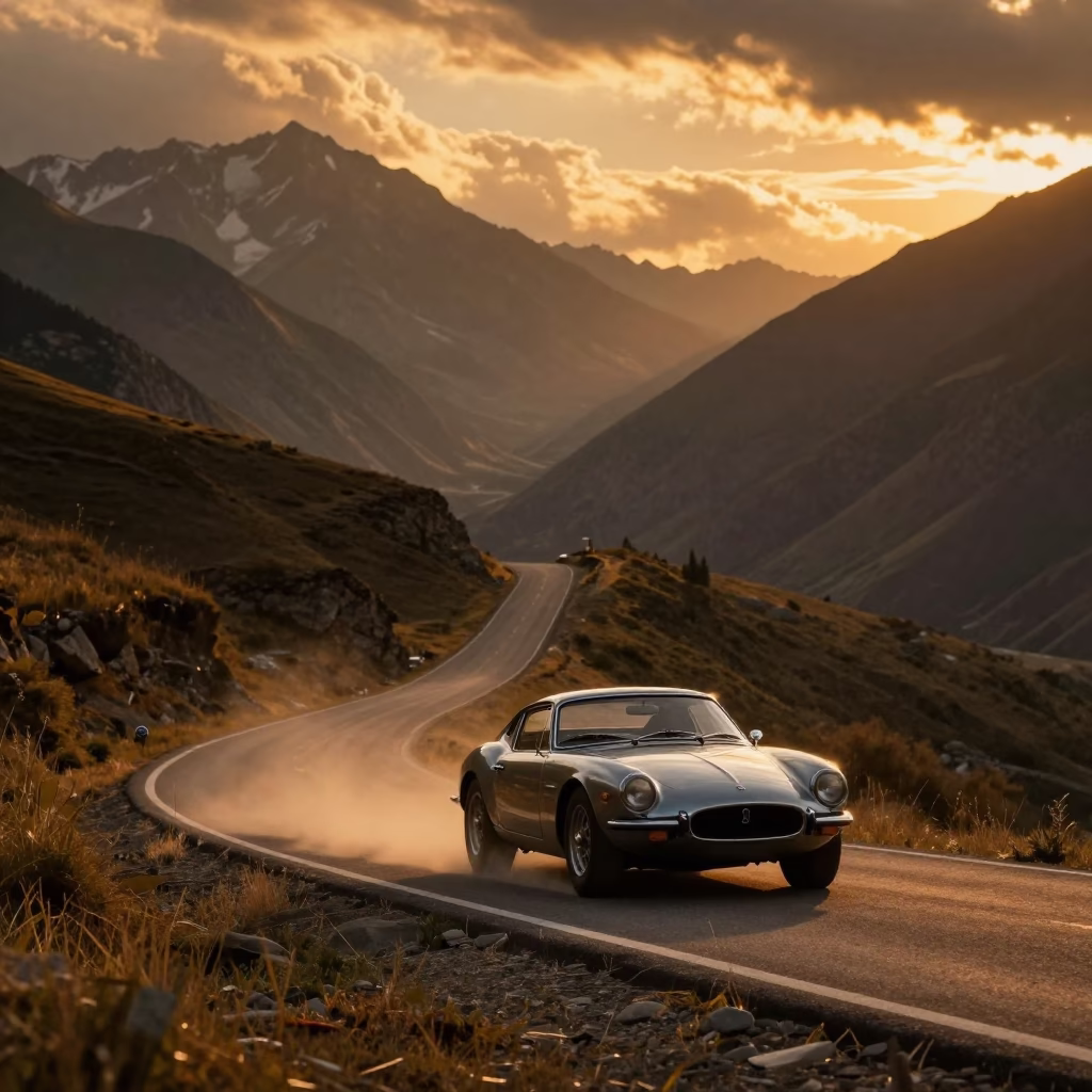 Vintage Sports Car on Alpine Road at Sunset in near Almaty