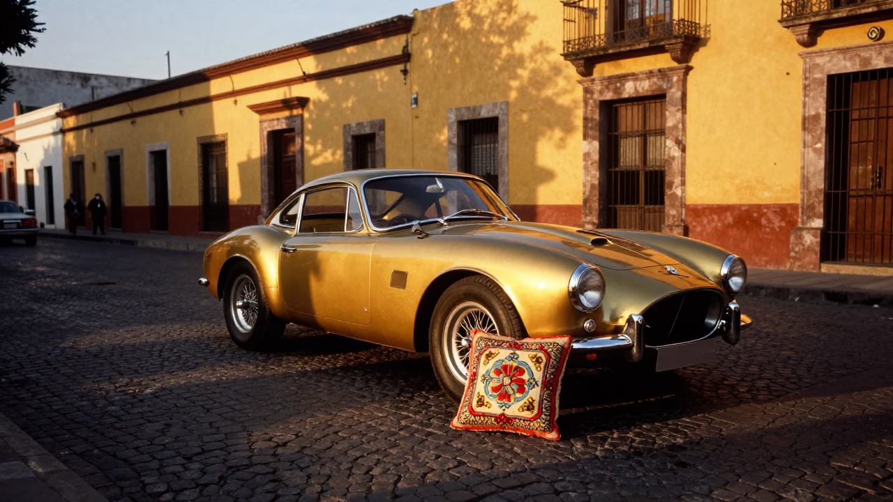 Vintage Sports Car and Embroidered Cushion in Golden Evening Guadalajara Street Scene in in Guadalajara, Mexico