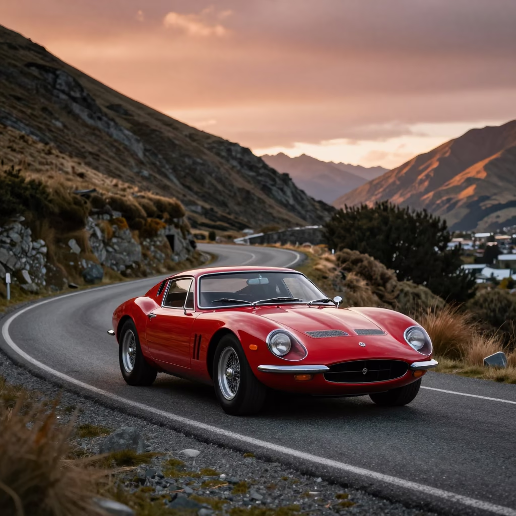 Vintage Sports Car on Serpentine Alpine Road Christchurch Copper Light Before Dusk in in Christchurch, New Zealand