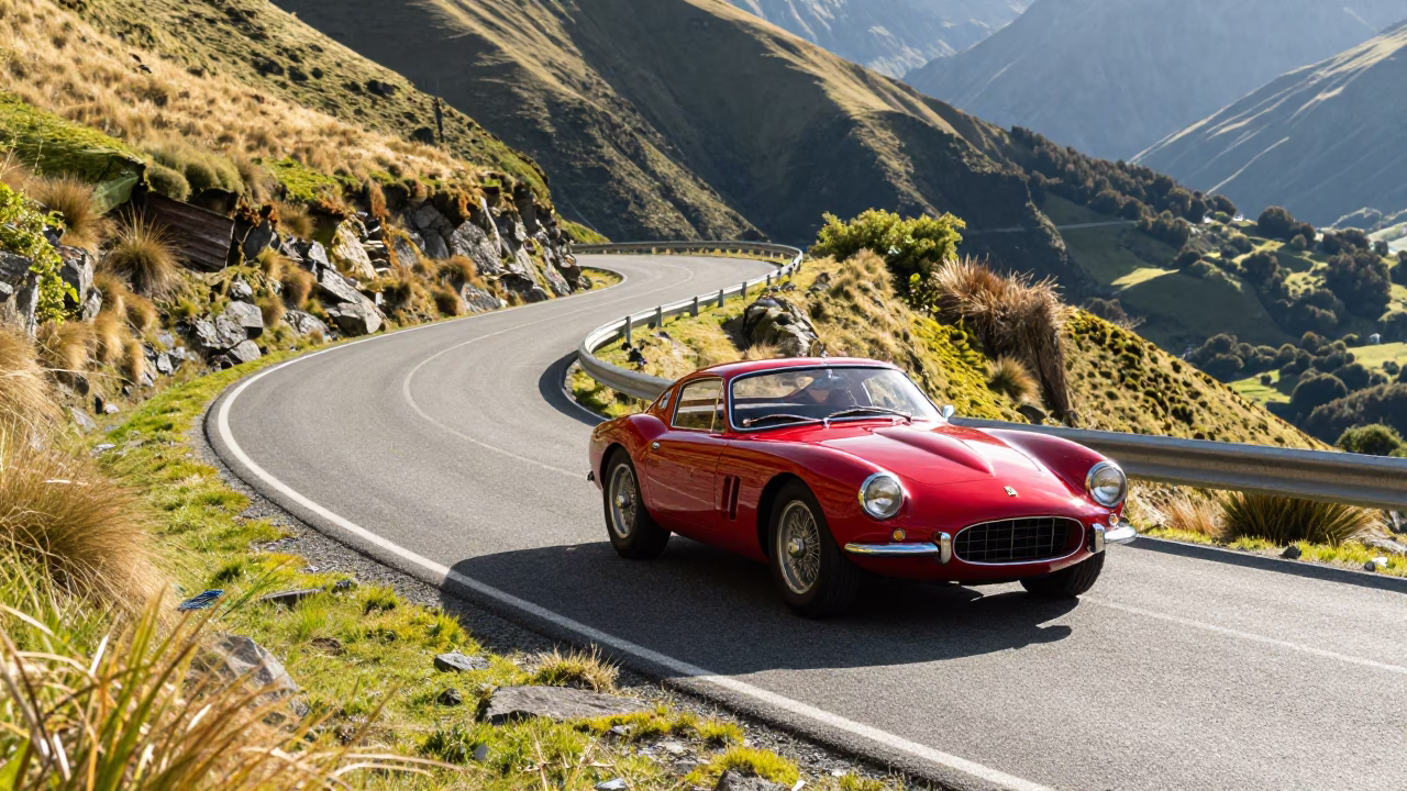 Vintage Sports Car on Serpentine Alpine Road Christchurch New Zealand Midmorning in in Christchurch, New Zealand