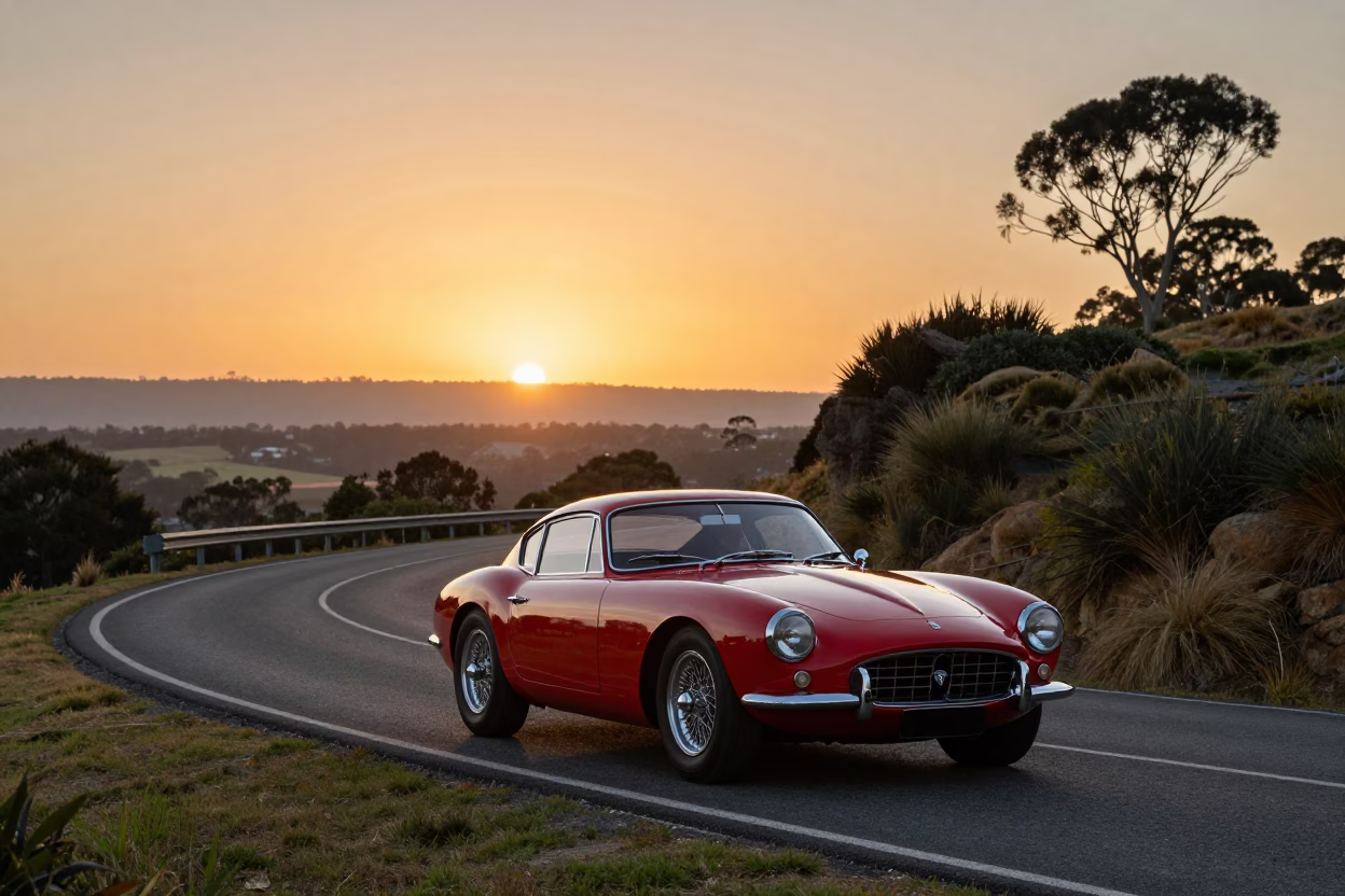 Vintage Sports Car on Serpentine Alpine Road in Adelaide Sunset in in Adelaide, South Australia, Australia
