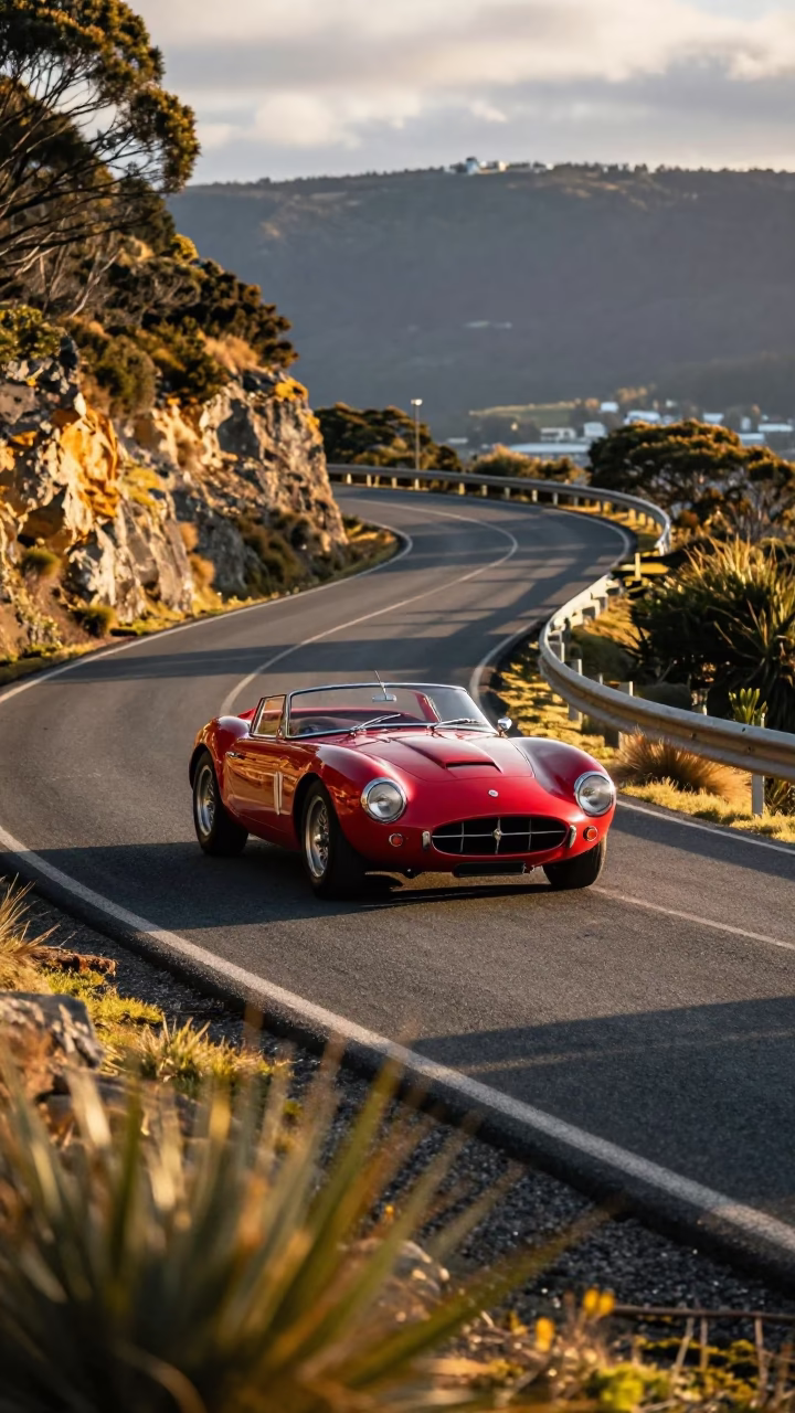 Vintage Sports Car on Serpentine Alpine Road in Hobart Tasmania Late Afternoon in in Hobart, Tasmania, Australia
