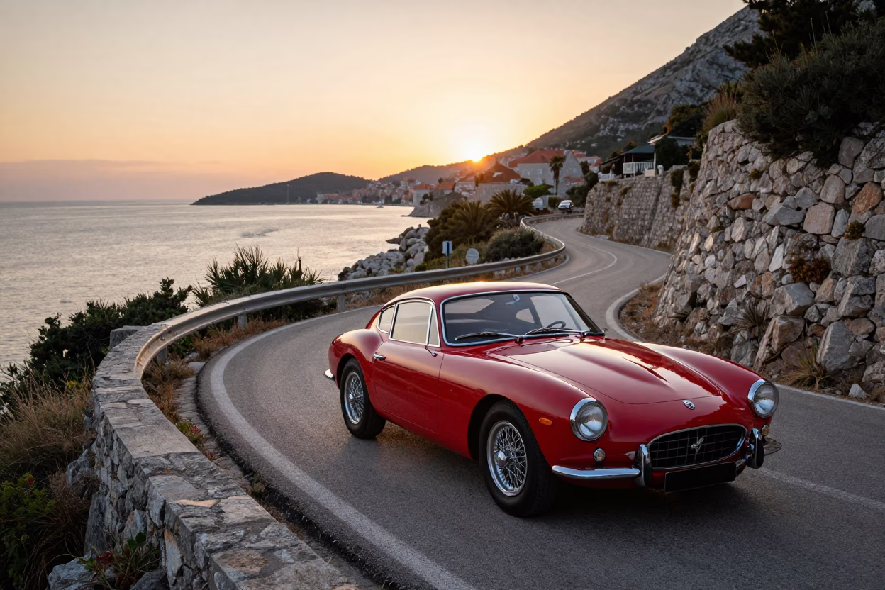 Vintage Sports Car on Serpentine Alpine Road Near Dubrovnik Croatia Sunrise in in Dubrovnik, Croatia