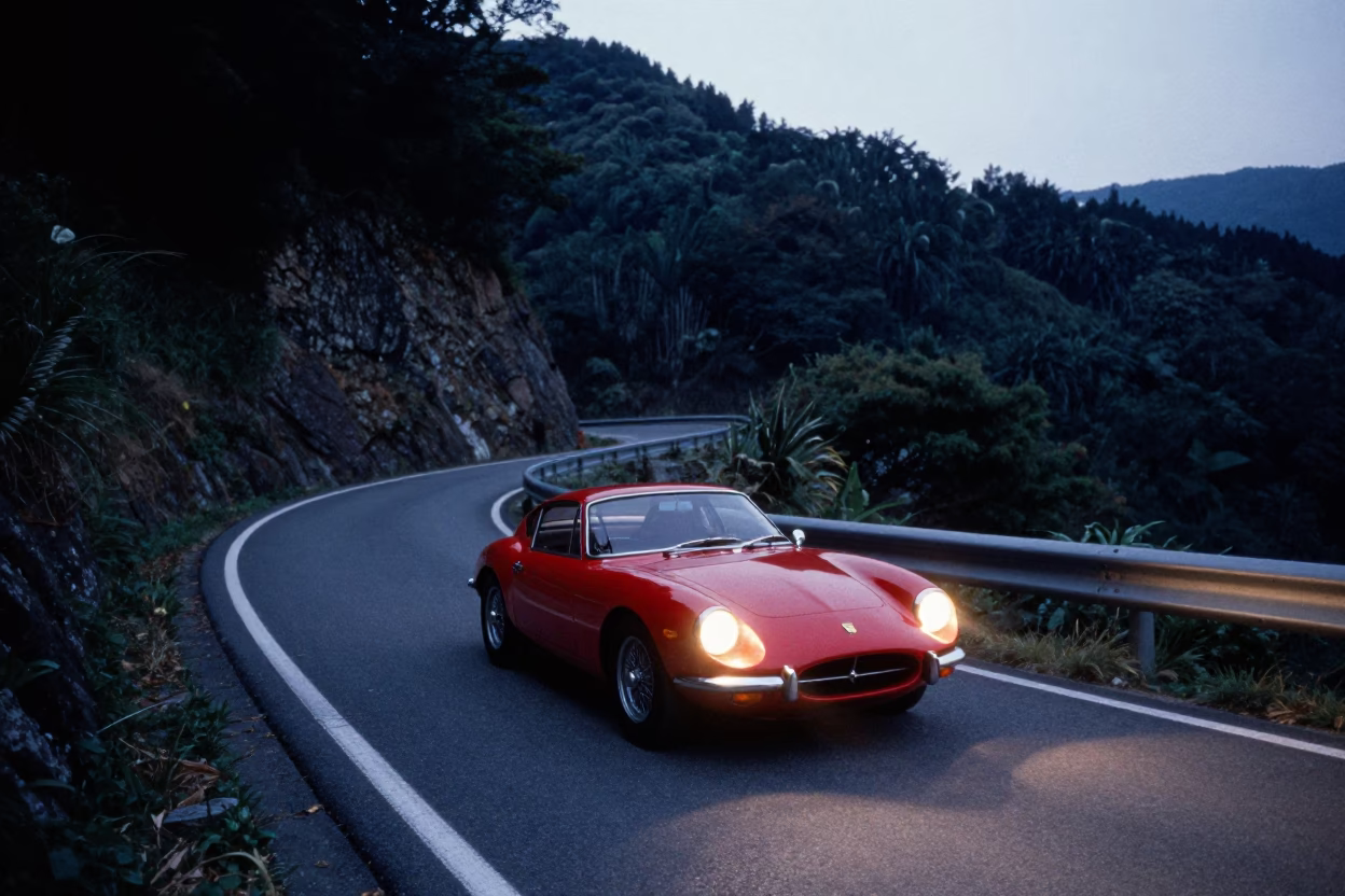 Vintage Sports Car on Serpentine Alpine Road Night Photography in in Tokyo, Japan