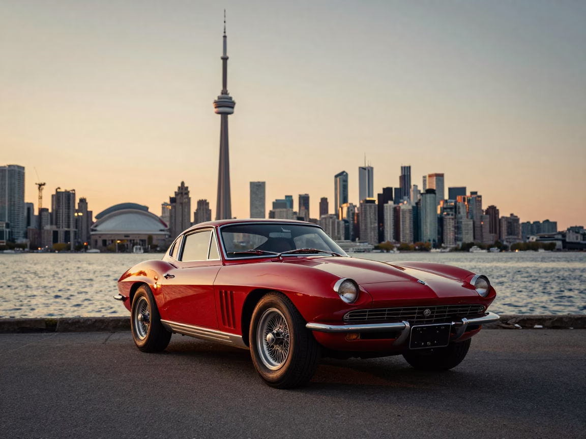 Vintage Sports Car Parked on Toronto Harbour Promenade at Sunset with String Lights in in Toronto, Ontario, Canada