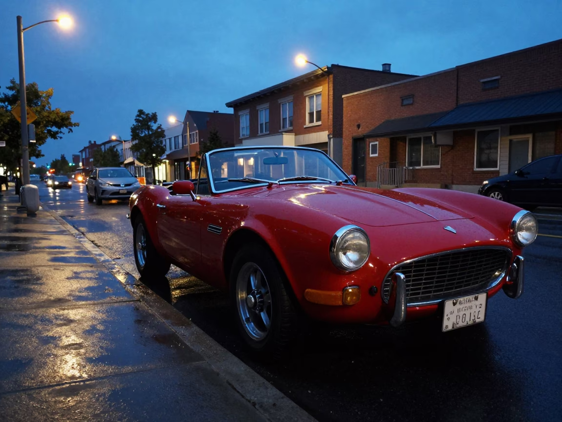 Vintage Sports Car Parked on Toronto Street in Blue Hour Evening Light in in Toronto, Ontario, Canada