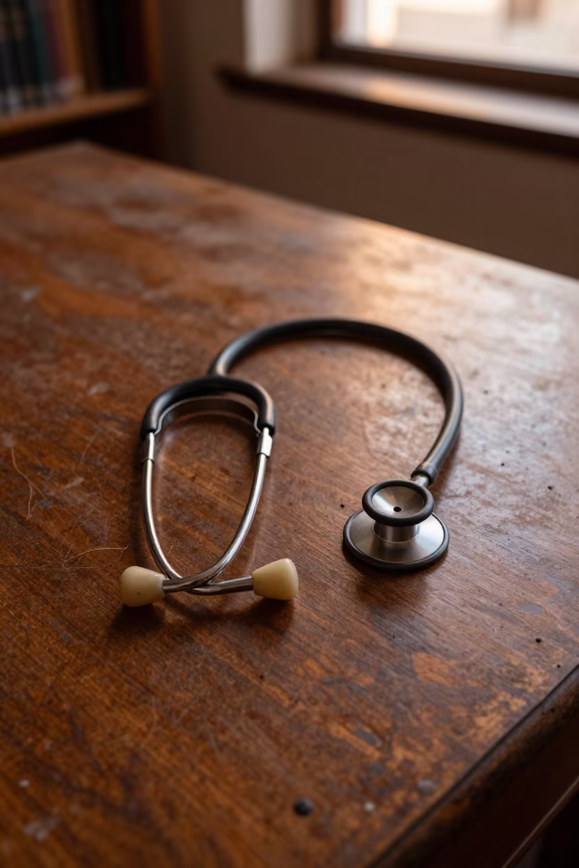Vintage Stethoscope on Dusty Library Table in on a dusty library table in San Cristóbal de La Laguna