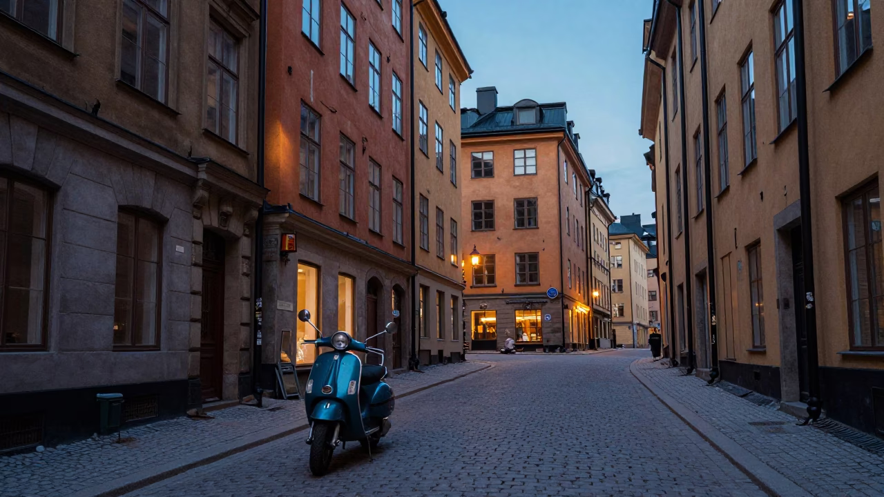 Vintage Stockholm Blue Hour Street Scene with Scooter and Cobblestones in in Stockholm, Sweden