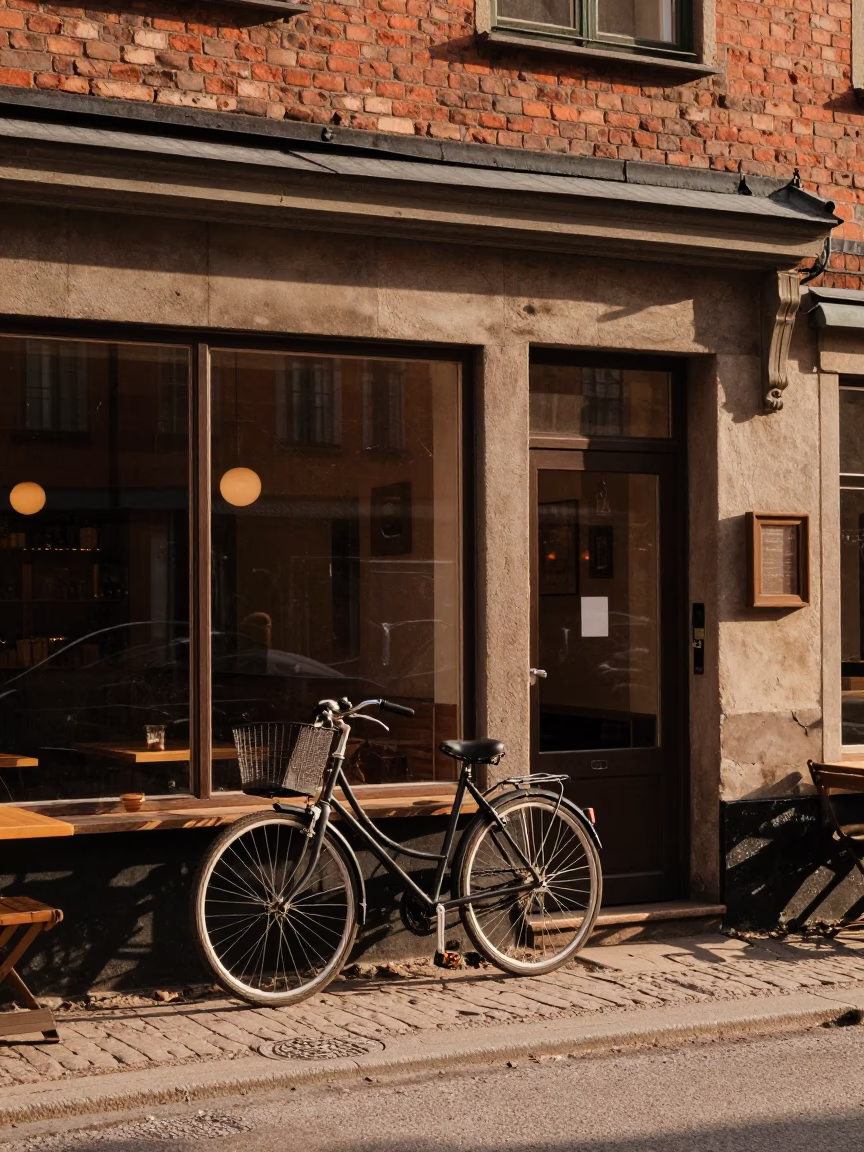 Vintage Stockholm Cafe Exterior Late Afternoon Bicycle and Street Life in in Stockholm, Sweden