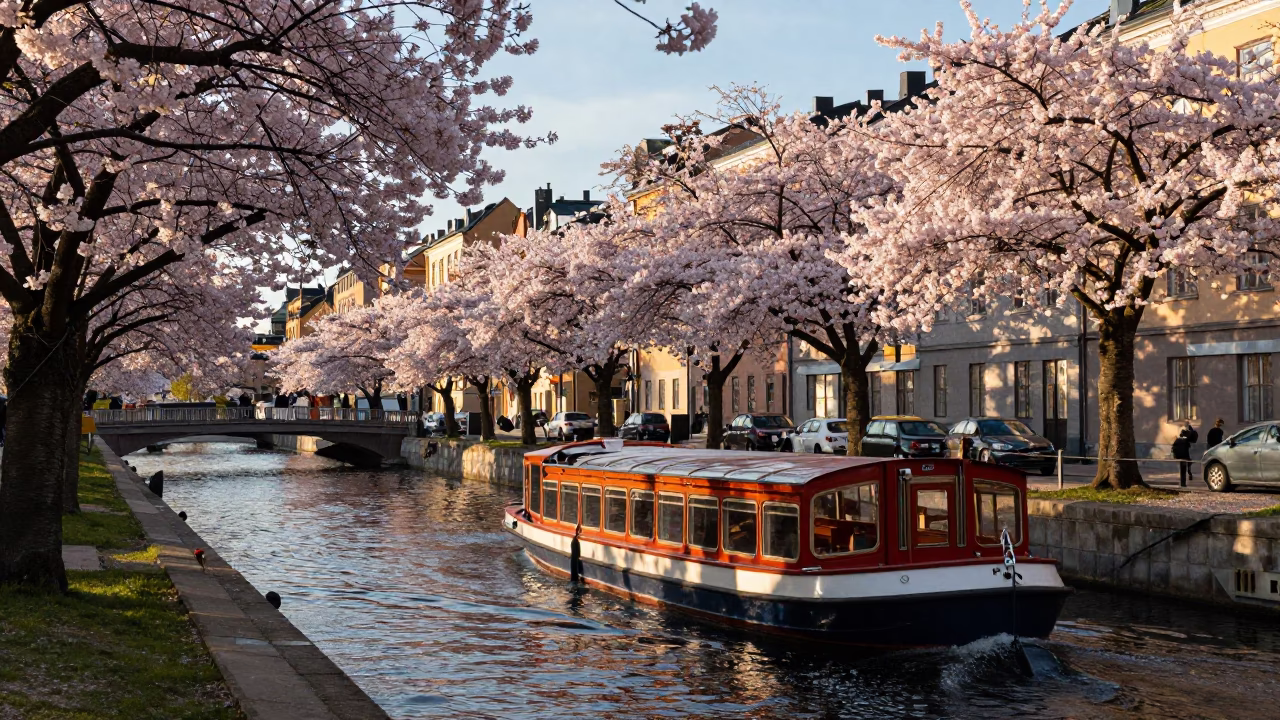 Vintage Stockholm Canal Scene with Cherry Trees and Glass Details in in Stockholm, Sweden