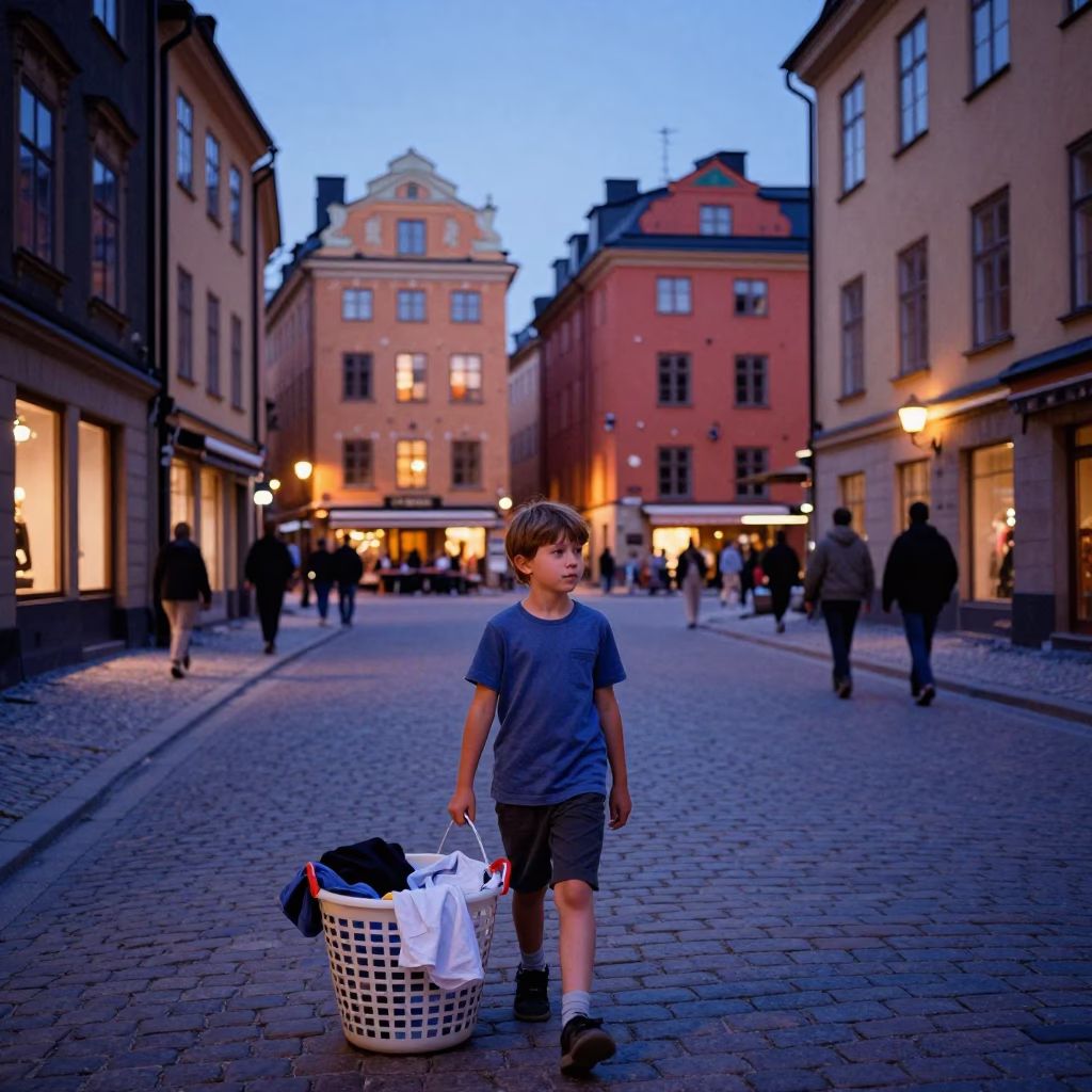 Vintage Stockholm Evening Stroll with Laundry Basket and Model Airplane at Dusk in in Stockholm, Sweden
