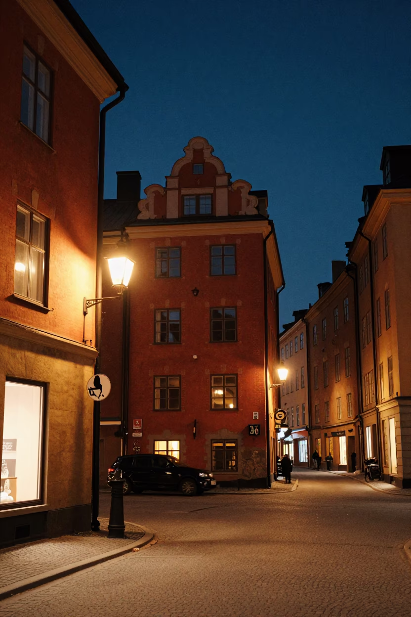 Vintage Stockholm Night Street Scene with Colorful 1960s Architecture and Urban Details in in Stockholm, Sweden