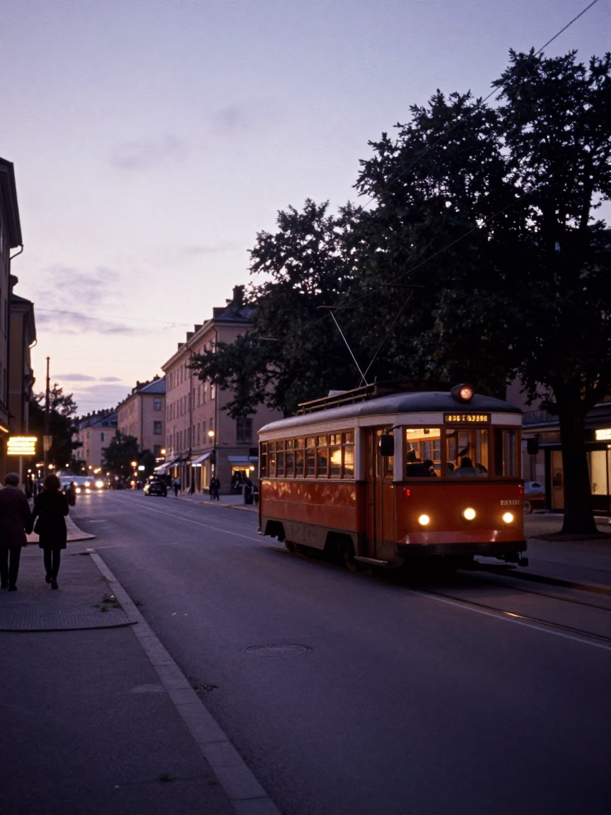 Vintage Stockholm Street Scene Before Dawn with Old Trolley and Cobblestone Avenue in in Stockholm, Sweden