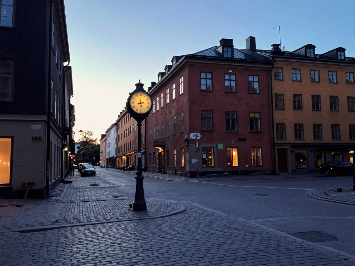 Vintage Stockholm Street Scene Before Dawn with Pendulum Clock and Morning Light in in Stockholm, Sweden