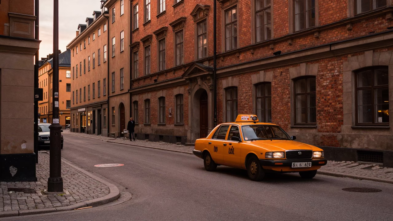 Vintage Stockholm Street Scene Before Dusk With Yellow Taxi And Steam in in Stockholm, Sweden