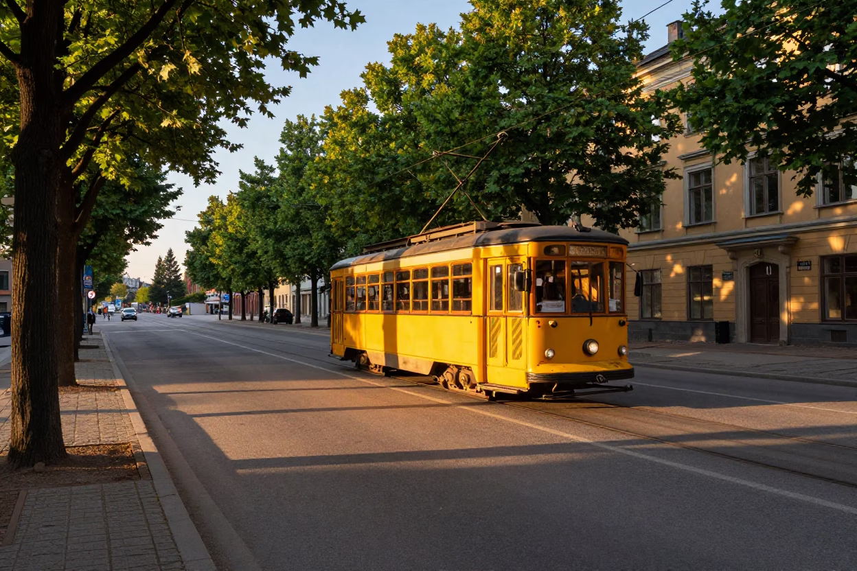 Vintage Stockholm Tramcar on Tree-Lined Boulevard During Golden Hour in Sweden in in Stockholm, Sweden
