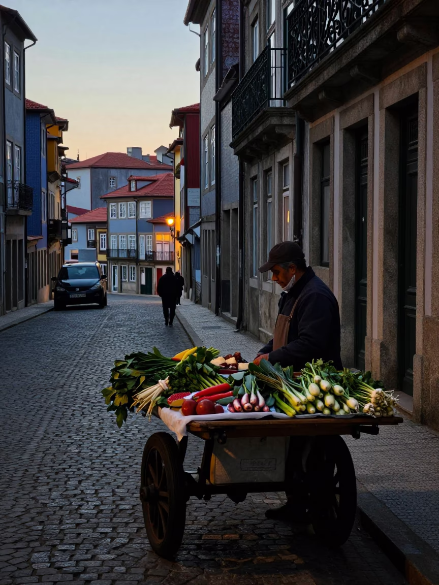Vintage street photography of a Porto vendor selling fresh onions before sunrise in Portugal in in Porto, Portugal