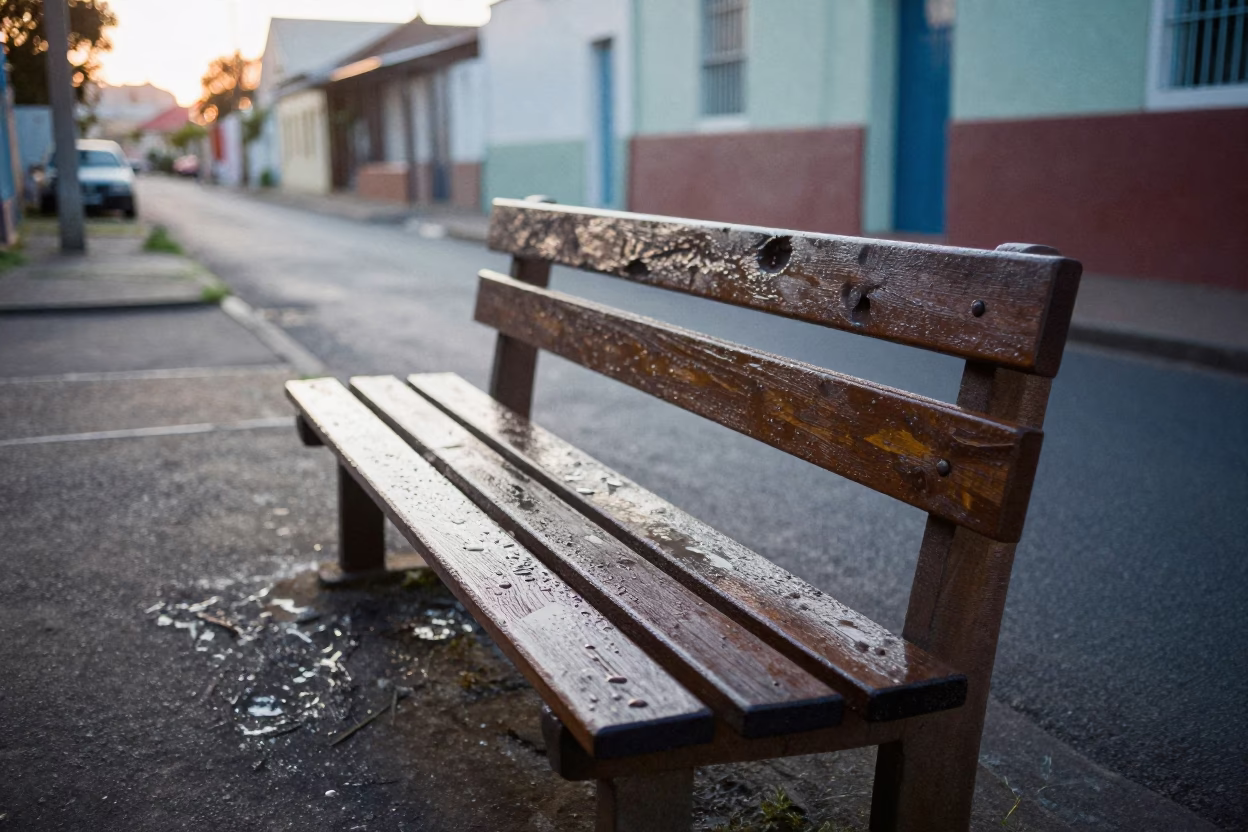 Vintage street photography of Durban South Africa before sunrise with condensation on bench slat in in Durban, South Africa