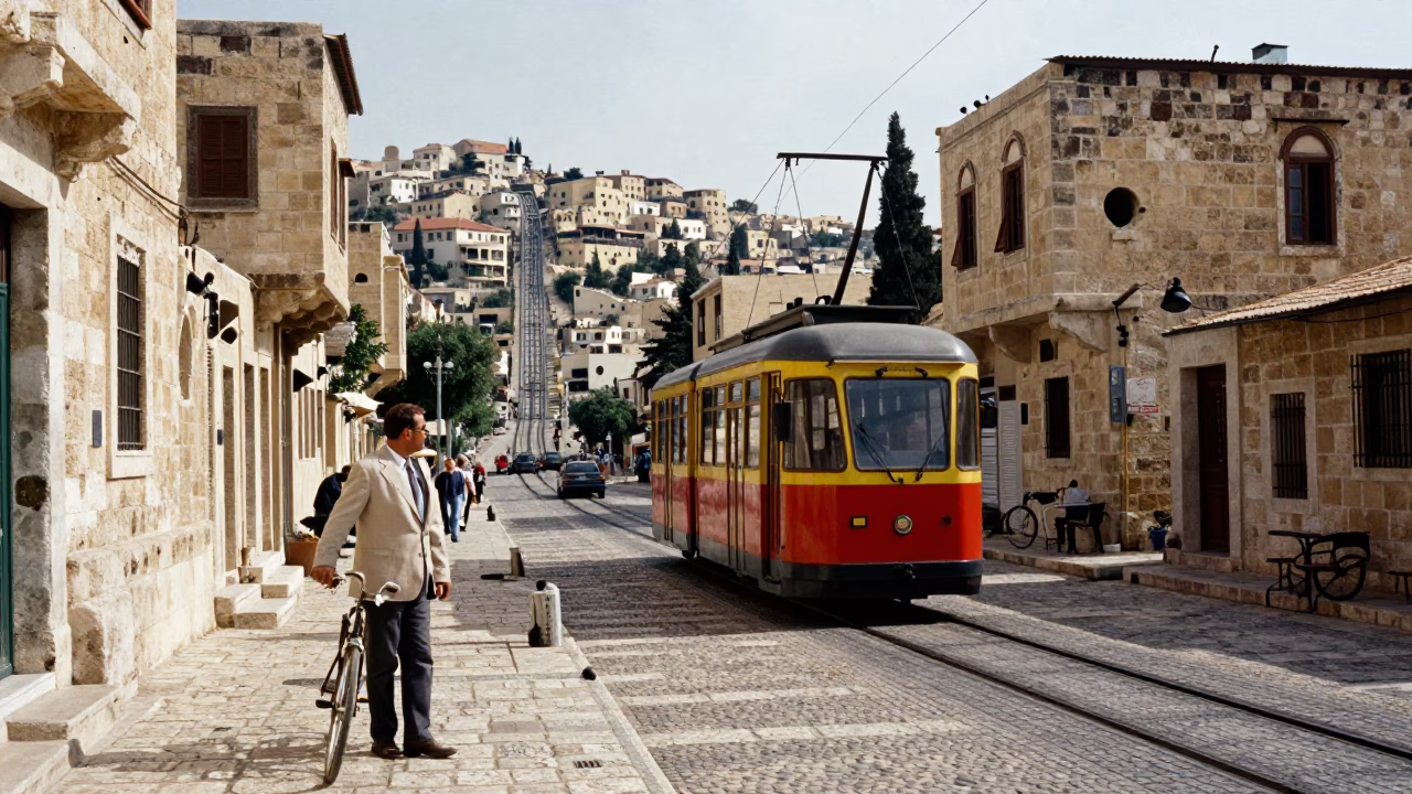 Vintage Street Scene in Amman Jordan Late Morning Funicular and Bicycle in in Amman, Jordan
