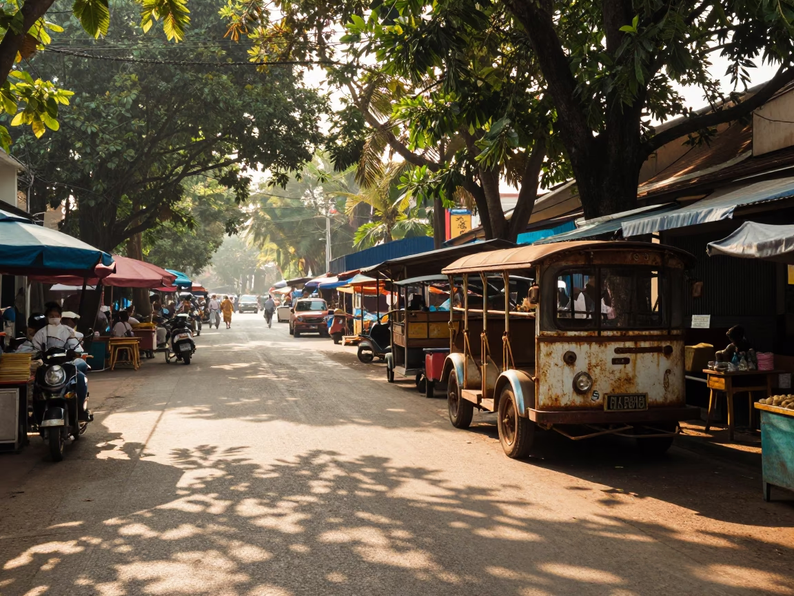 Vintage Street Scene in Chiang Mai Thailand Early Afternoon with Local Market Activity in in Chiang Mai, Thailand