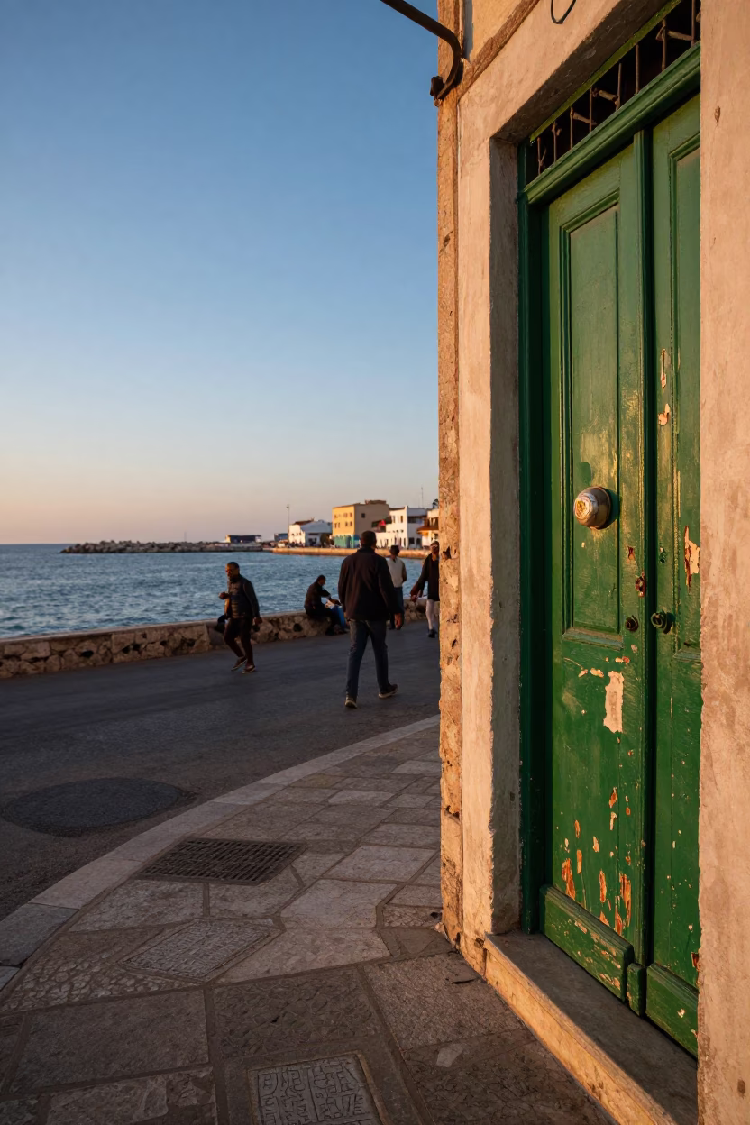 Vintage Street Scene in Tunis Tunisia Sunset Harbor Breakwater and Local Life in in Tunis, Tunisia