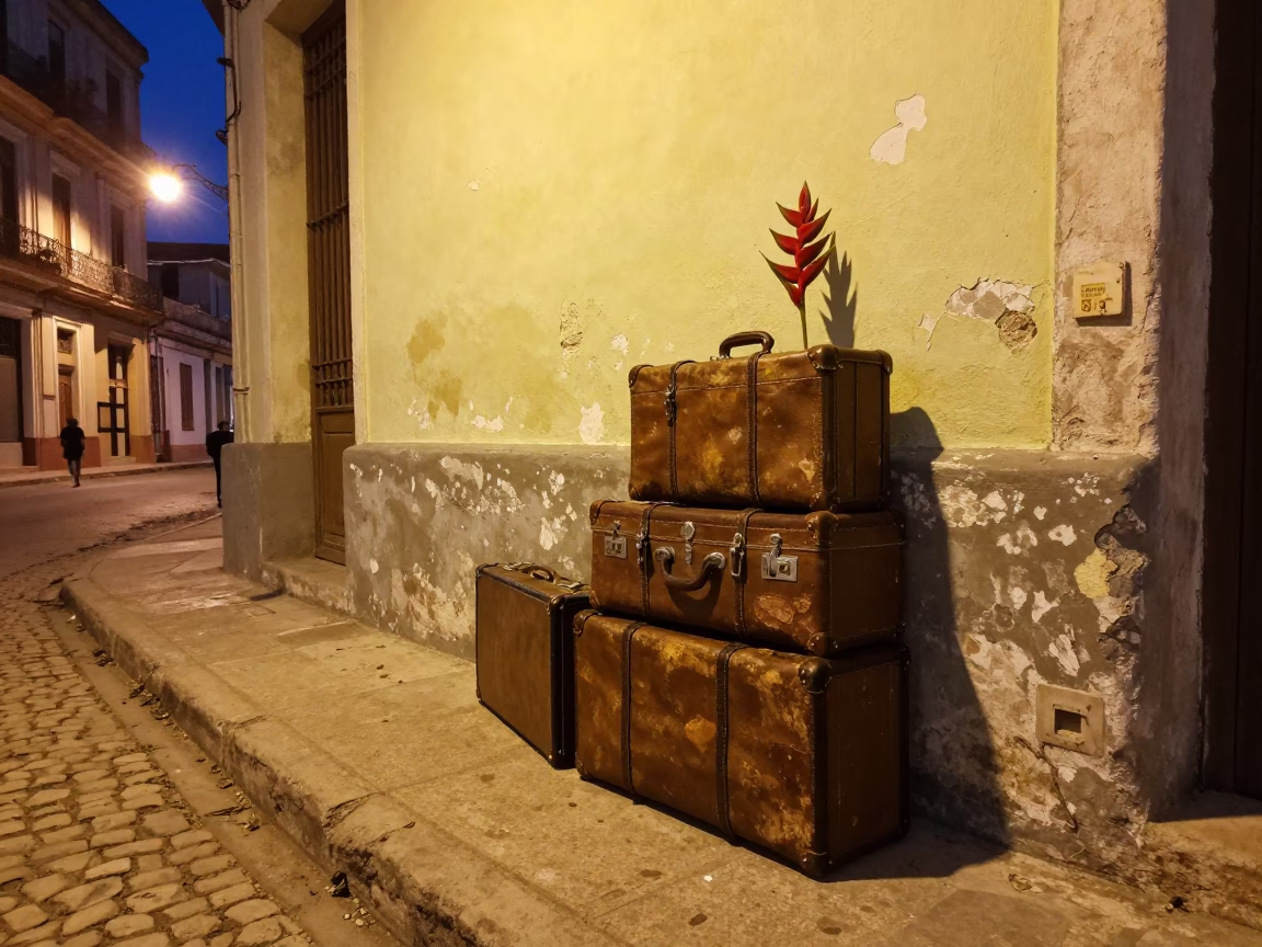 Vintage Suitcases and Heliconia Blooms on a Havana Street at Dusk in in Havana, Cuba