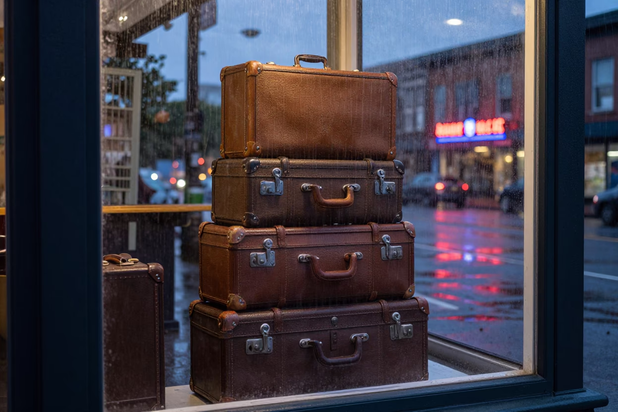 Vintage Suitcases at Dusk Light in Portland in in Portland, Oregon, United States