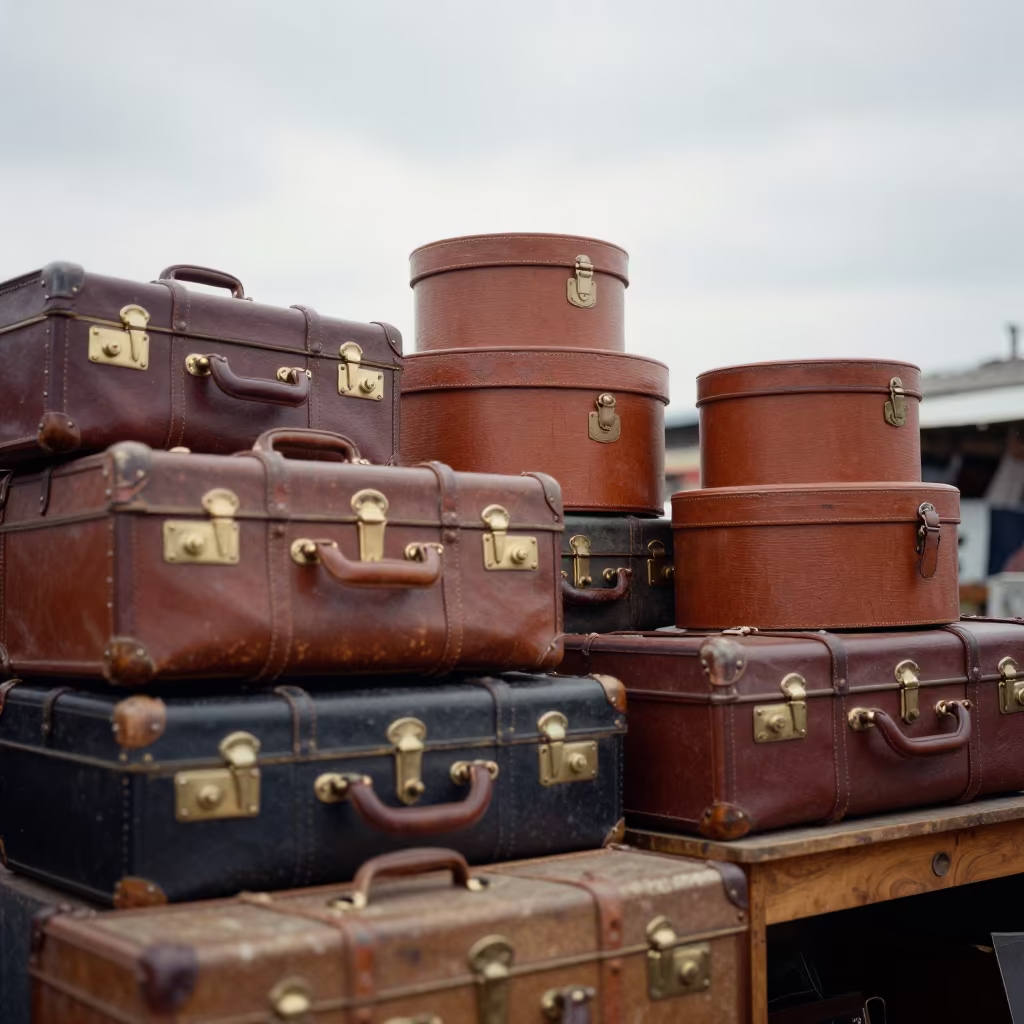 Vintage Suitcases and Hatboxes at Sofia Market in at a market stall in Sofia