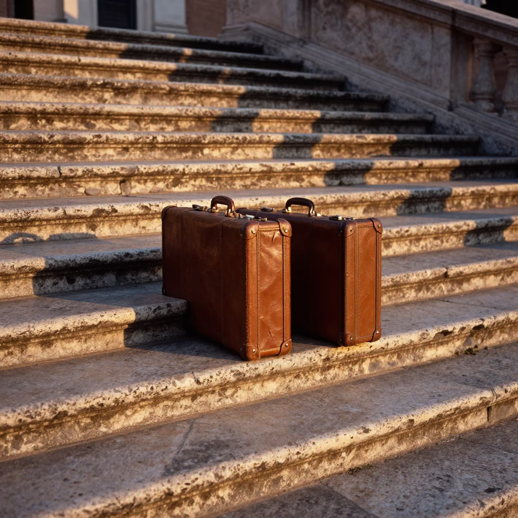 Vintage Suitcases on Roman Steps at Sunset with Historic Architecture in in Rome, Italy