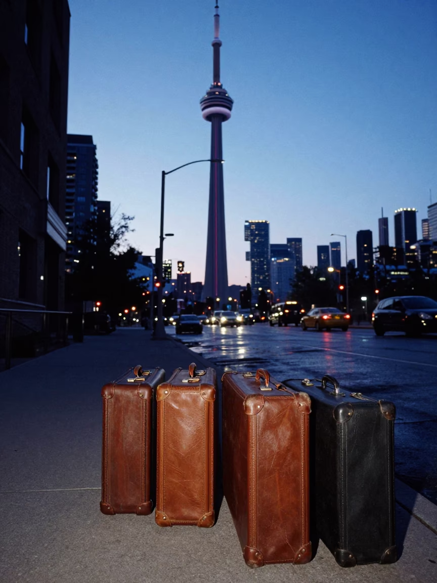 Vintage Suitcases on Toronto Sidewalk at Blue Hour Near CN Tower in in Toronto, Ontario, Canada