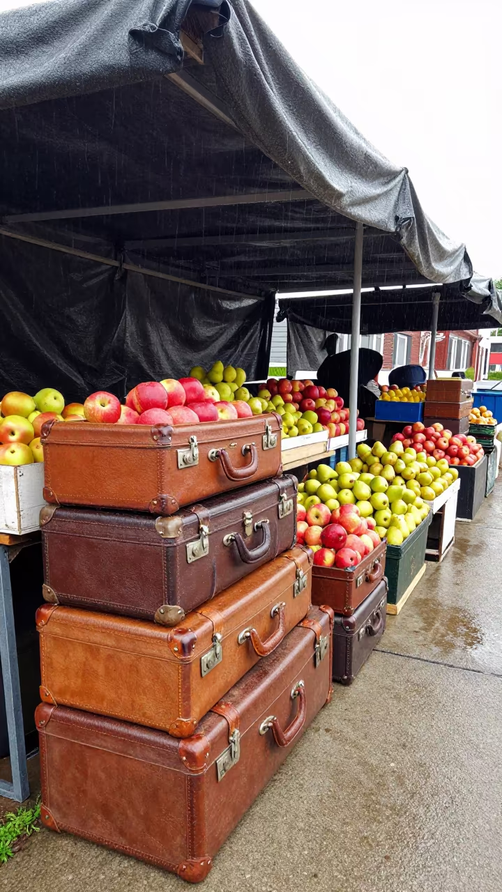 Vintage Suitcases at Philadelphia Fruit Stand in at a roadside fruit stand in Philadelphia