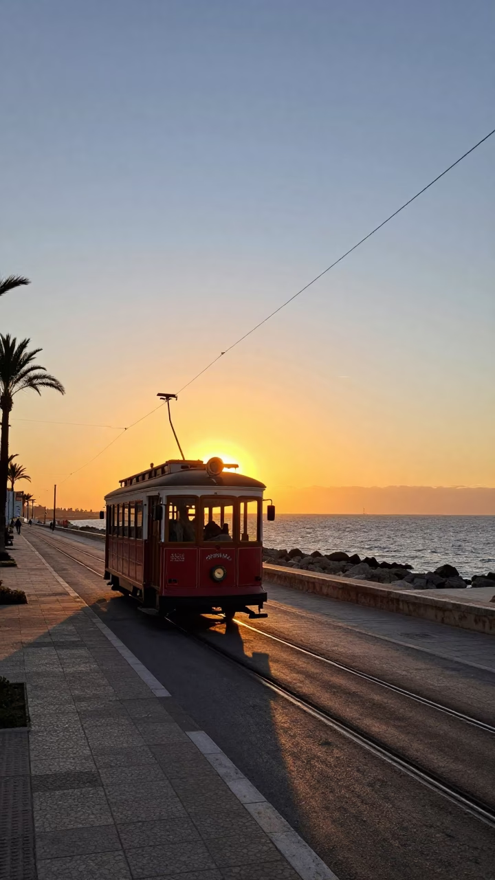 Vintage Sunset in Tunis Tunisia Coastal Promenade Heritage Tram and Traditional Dhow in in Tunis, Tunisia
