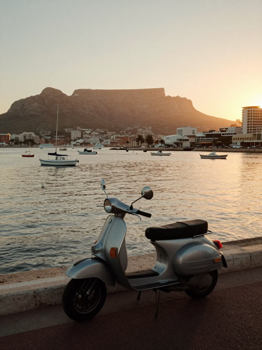 Vintage Sunset Photography of Cape Town Harbor Promenade with Parked Scooter and Ocean View in in Cape Town, South Africa