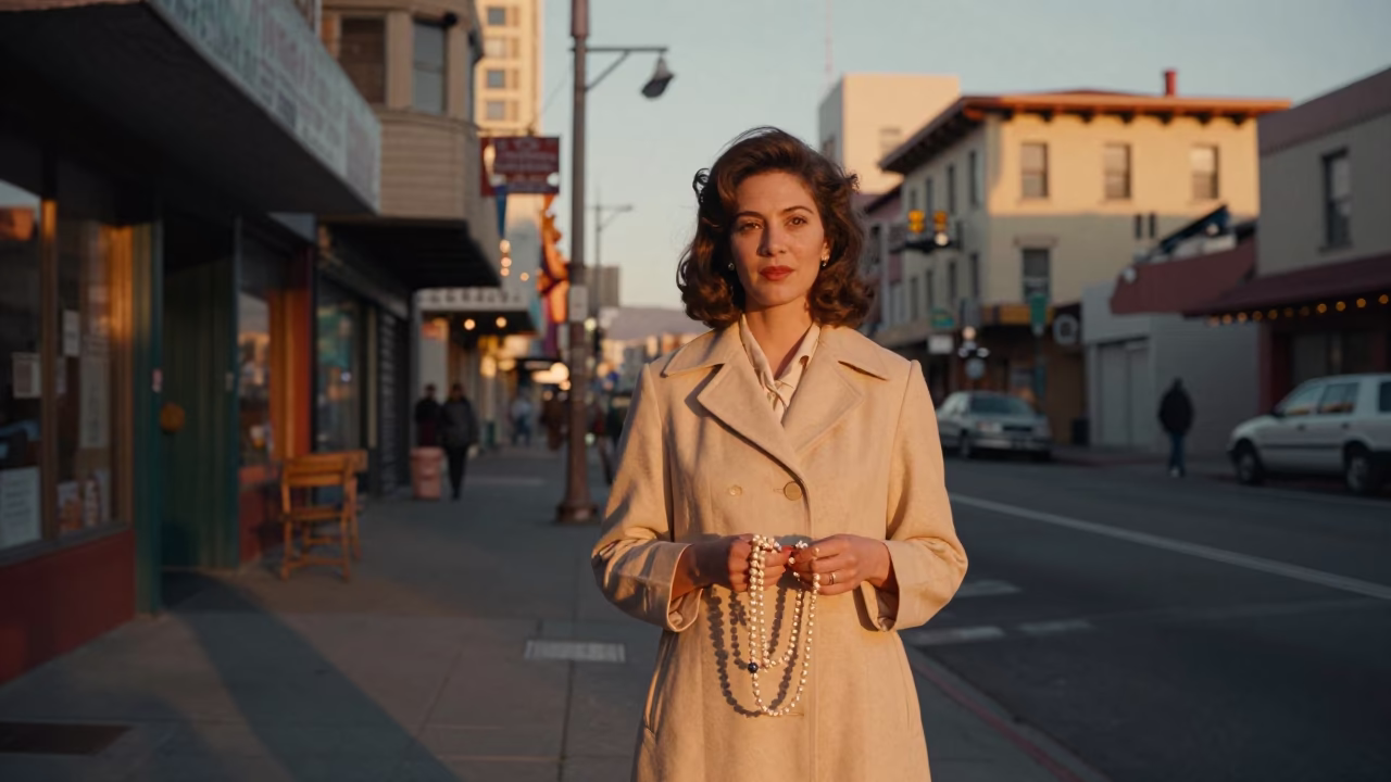 Vintage Sunset Portrait of a Woman in Chinatown San Francisco Holding Pearl Necklaces in in San Francisco, California, United States