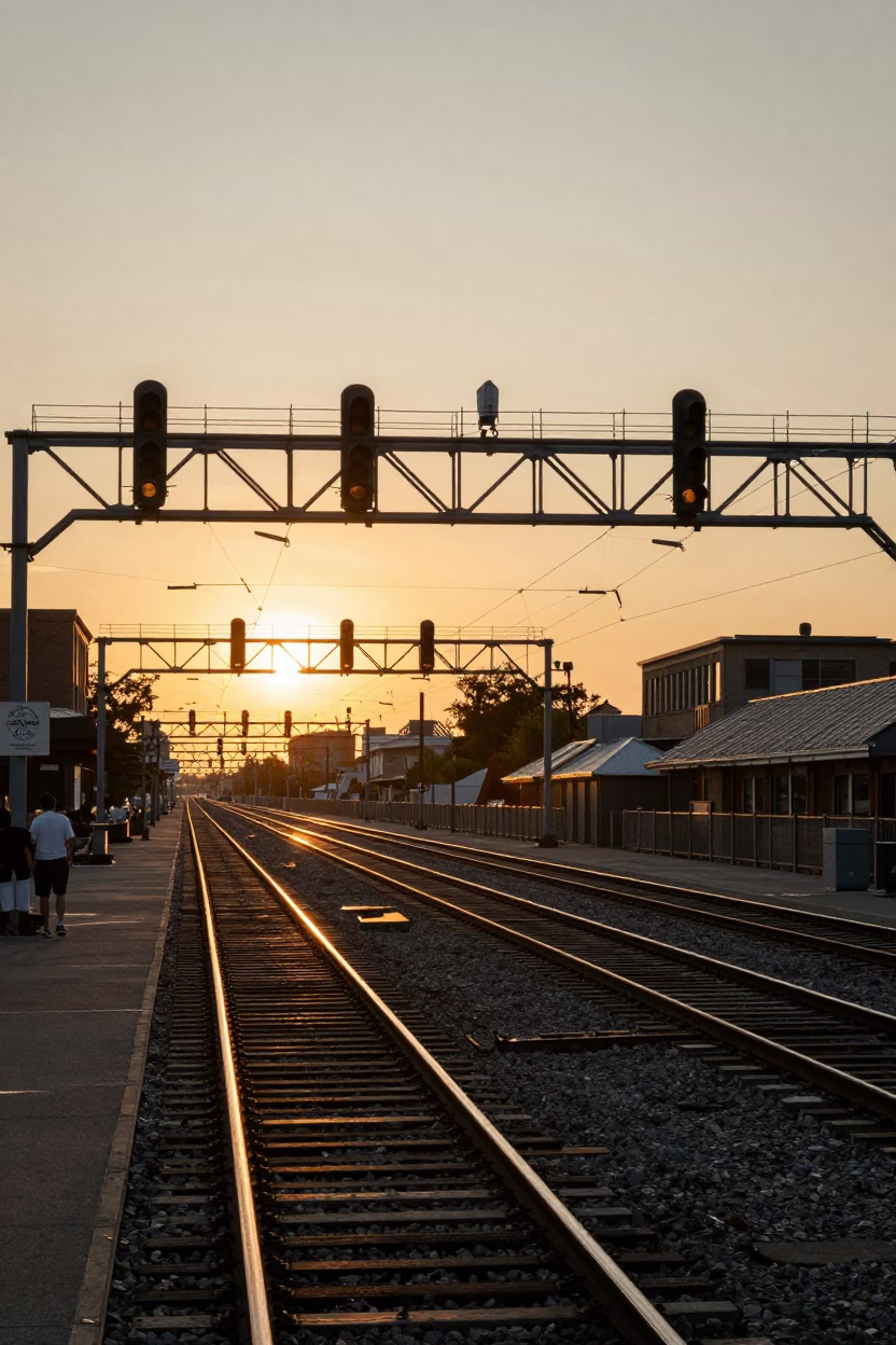 Vintage Sunset Scene at Toronto Union Station Railway Gantry and Parallel Tracks in in Toronto, Ontario, Canada