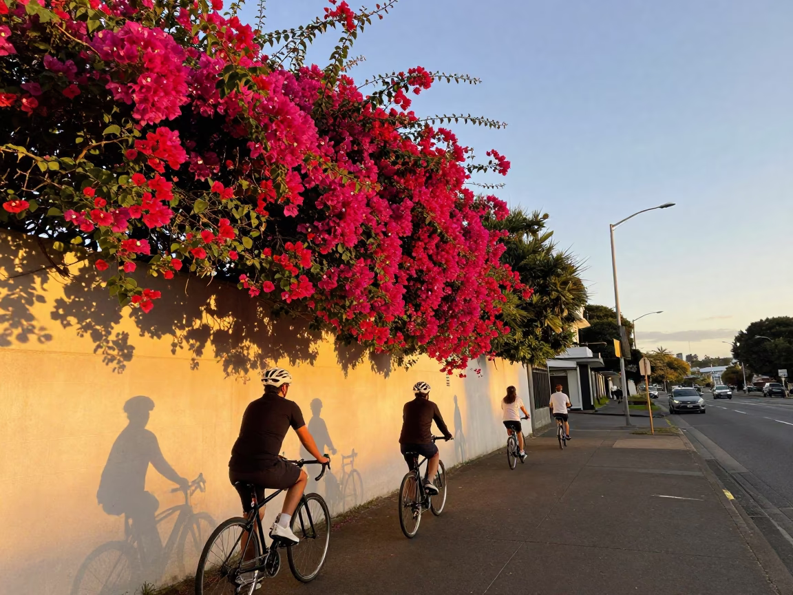Vintage Sunset Scene in Auckland New Zealand with Cyclists and Bougainvillea in in Auckland, New Zealand