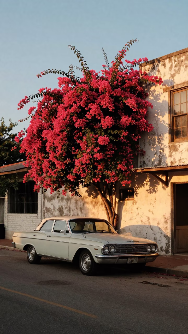 Vintage Sunset Scene in Austin Texas with Bougainvillea and Local Street Life in in Austin, Texas, United States
