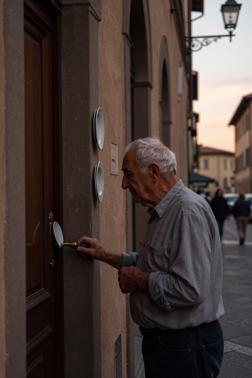 Vintage Sunset Scene in Bologna Italy with Saucers and Door Handle Details in in Bologna, Italy